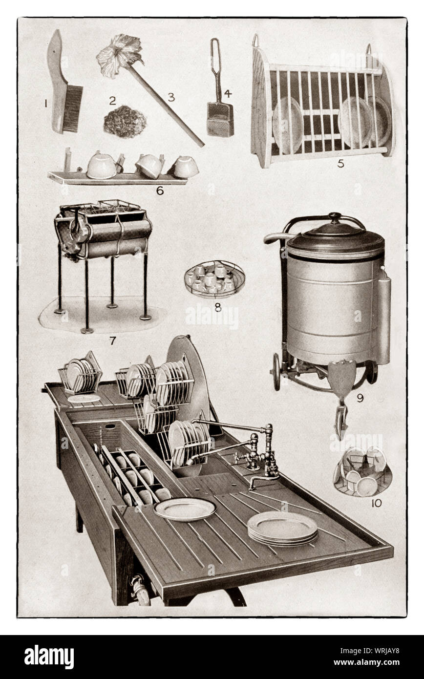 Le ultime kichenware visualizzato all'inizio degli anni trenta in Mrs Beeton 'Tutto su Cookery' edizione 1930. Gli articoli disponibili, tutte le stoviglie rondelle, includono 1. Il filo pentola spazzola; 2. Pan scourer: 3. Piatto mop; 4. Cesto di sapone; 5. rastrelliera; 6. Cup rack; 7. azionato a mano la rondella di stoviglie; 9. Azionato elettricamente e rondella di stoviglie e di interni - 8 & 10; 11. controllato elettricamente il flusso di acqua stoviglie rondella. Foto Stock