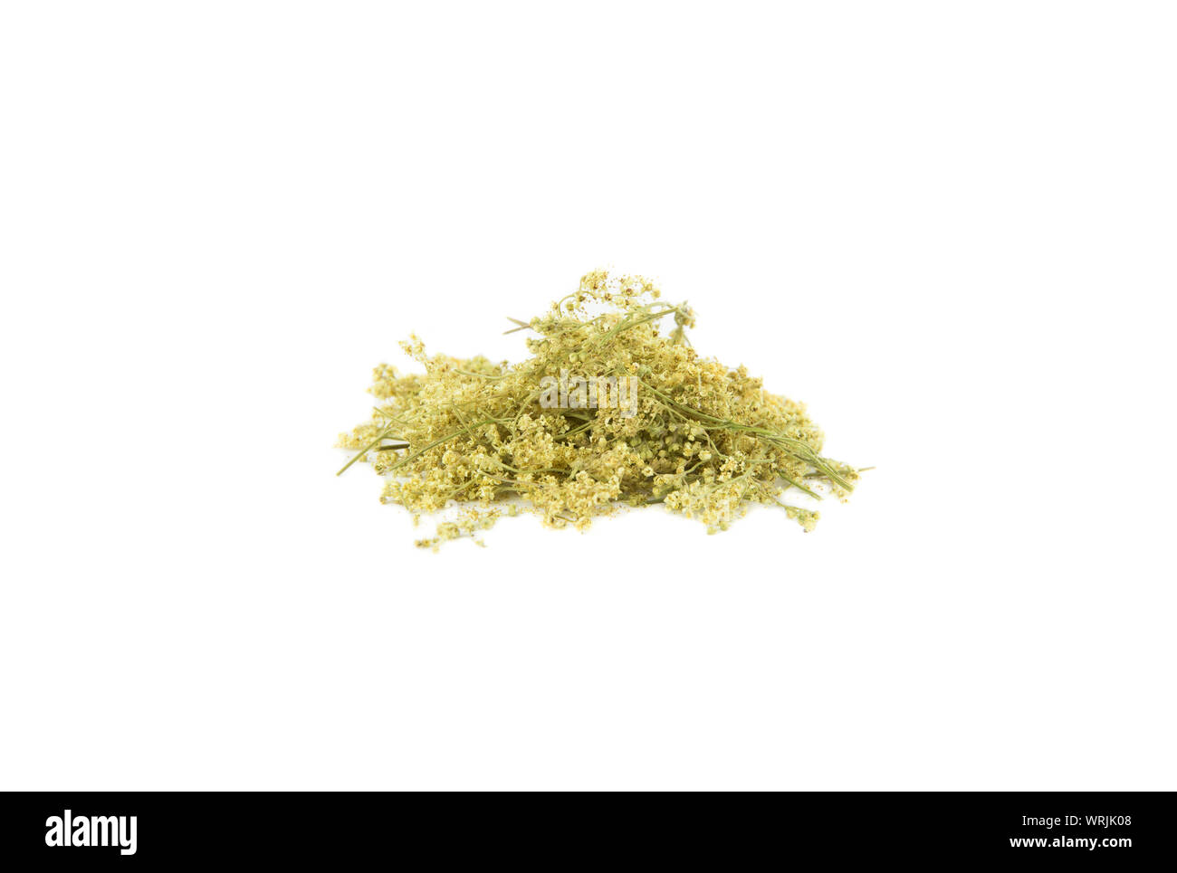 Essiccato Filipendula ulmaria, comunemente noto come olmaria o mead wort isolati su sfondo bianco. Organici essiccati tè alle erbe concetto. Foto Stock