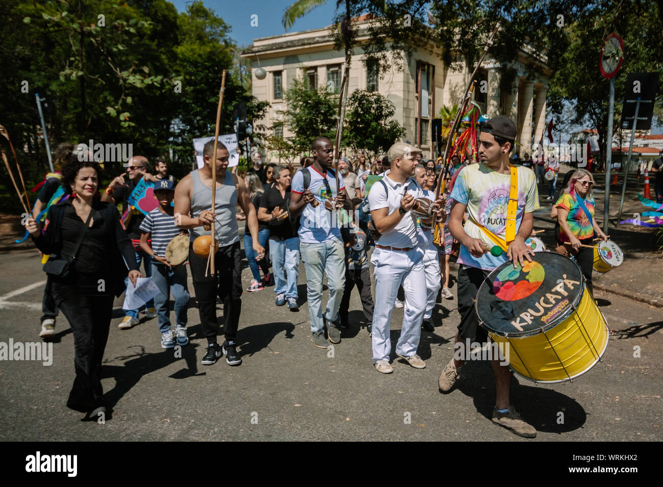 Folla per le strade marching dell Amazzonia e meno pesticidi in un ambiente pro protesta durante il brasiliano giorno di indipendenza Foto Stock