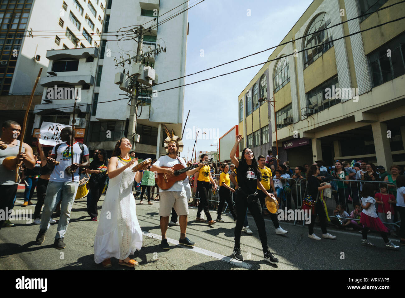 Folla per le strade in marcia per meno pesticidi e per salvare l'Amazzonia, in un ambiente di pro a piedi, protesta durante il brasiliano giorno di indipendenza Foto Stock