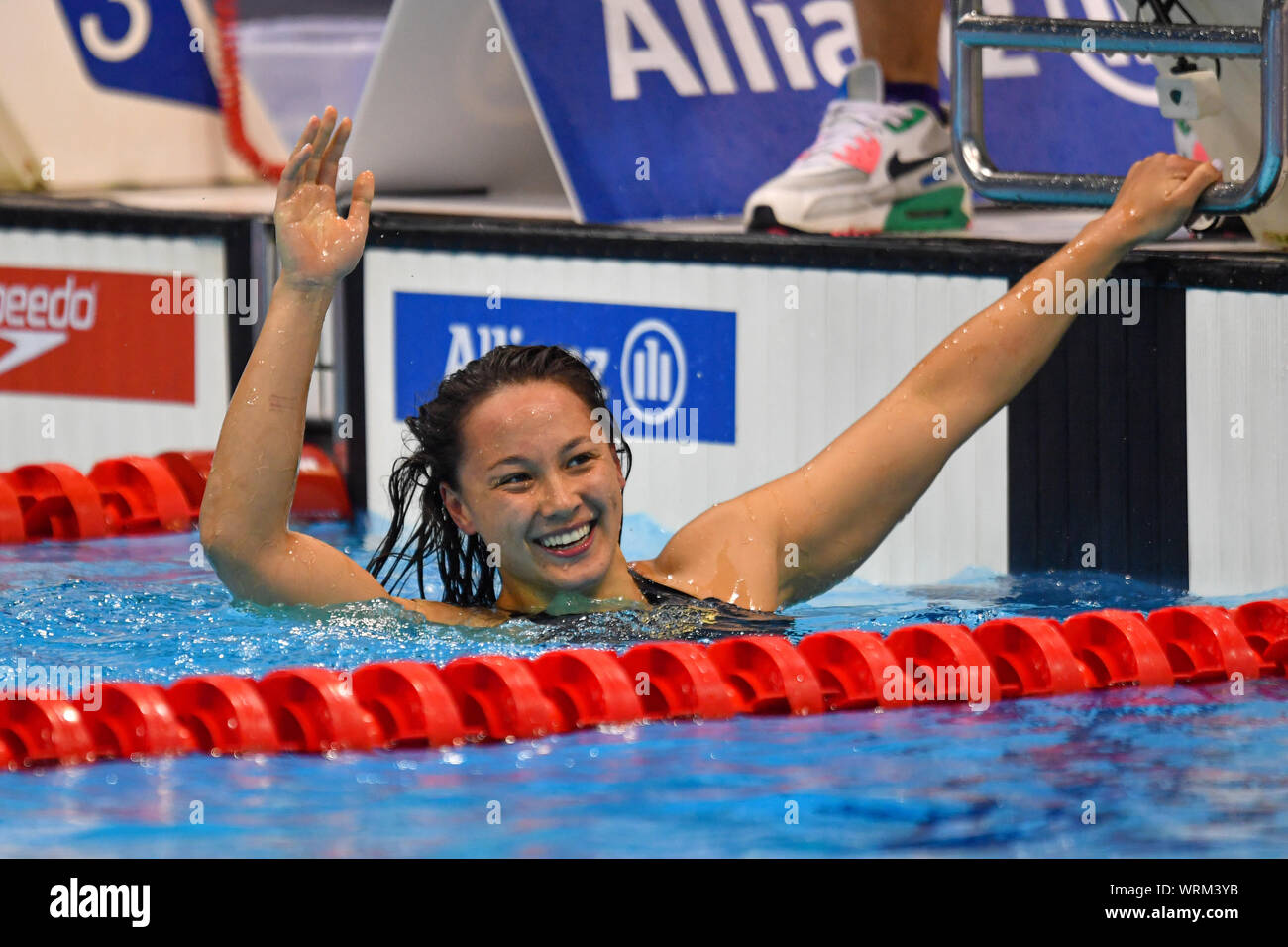 Londra, Regno Unito. Decimo Sep, 2019. Alice Tai di Gran Bretagna celebra di vincere le Donne 100m Backstroke S8 durante il giorno due di 2019 World Para Nuoto Campionati di Allianz a London Aquatics Centre Martedì, 10 settembre 2019. Londra Inghilterra. Credito: Taka G Wu/Alamy Live News Foto Stock