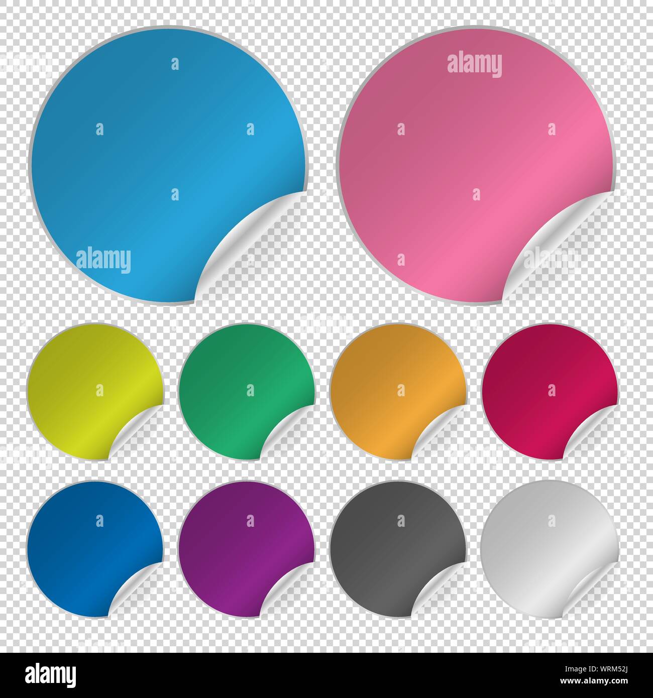 Set di vuoto vuoto round etichette o adesivi con avvolto a ricciolo laterale e le ombre trasparenti illustrazione vettoriale Illustrazione Vettoriale