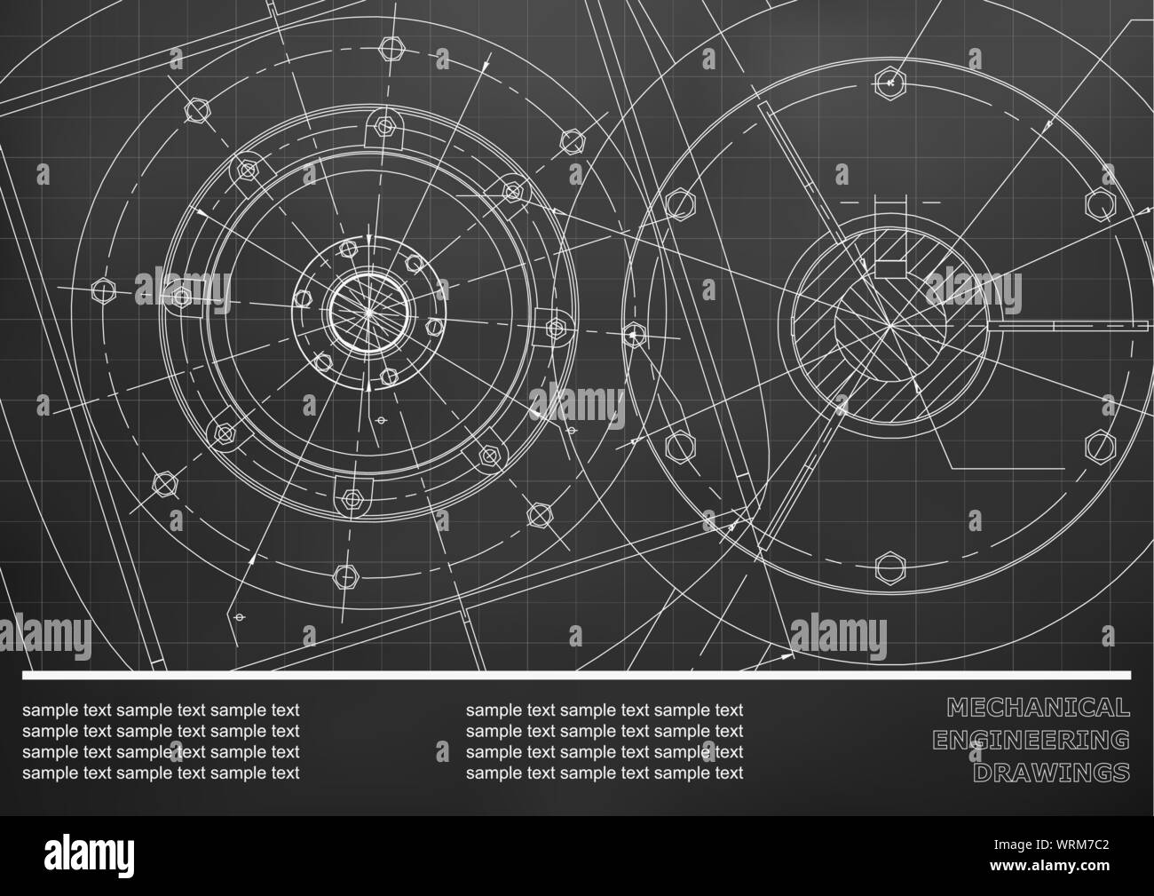 Vettore di ingegneria meccanica disegni su uno sfondo nero. Coperchio, sfondo per iscrizione etichette. Corporate Identity. Griglia Illustrazione Vettoriale