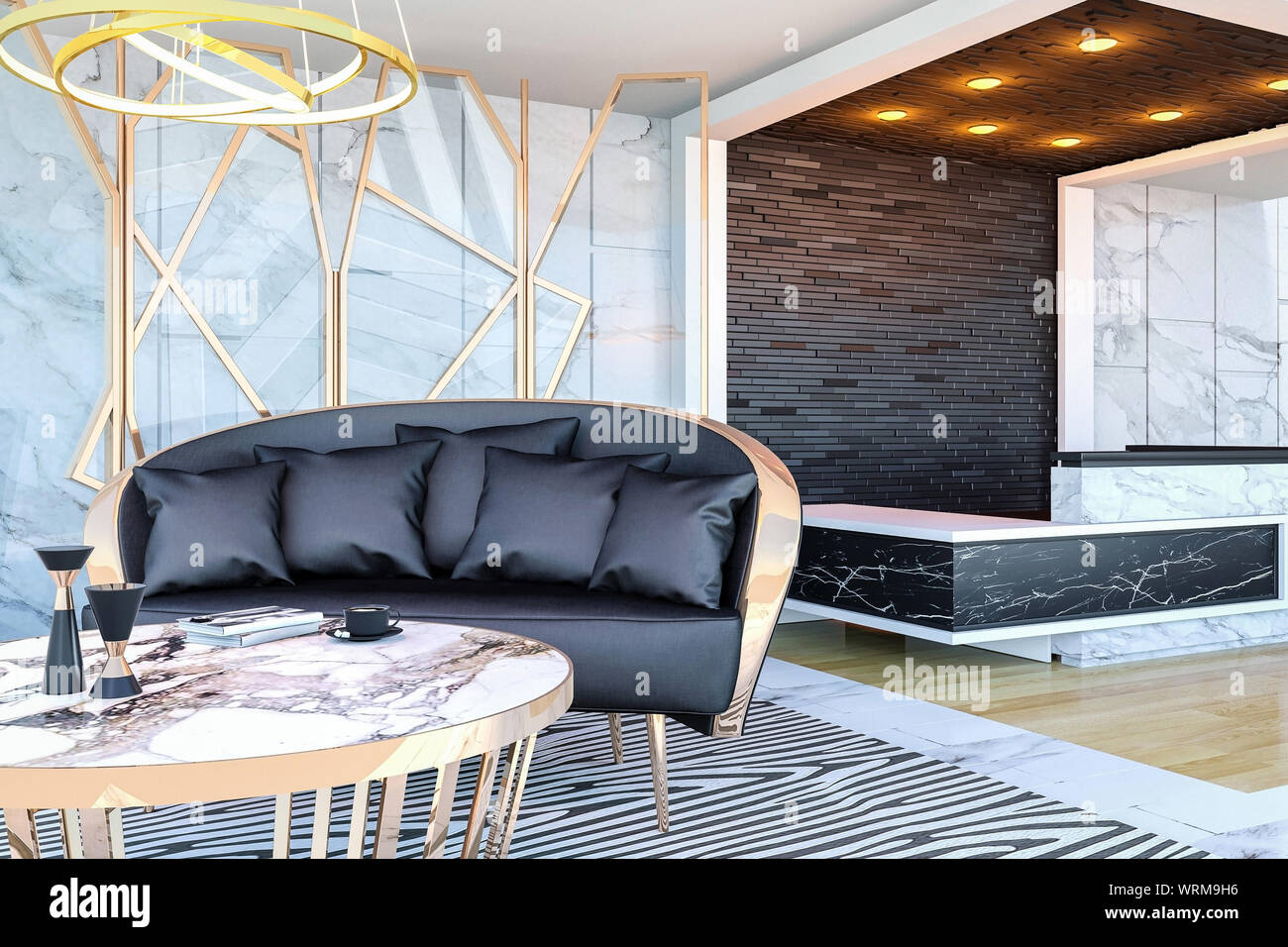 Interno del moderno hotel area lobby e ricevimento, rendering 3D Foto Stock