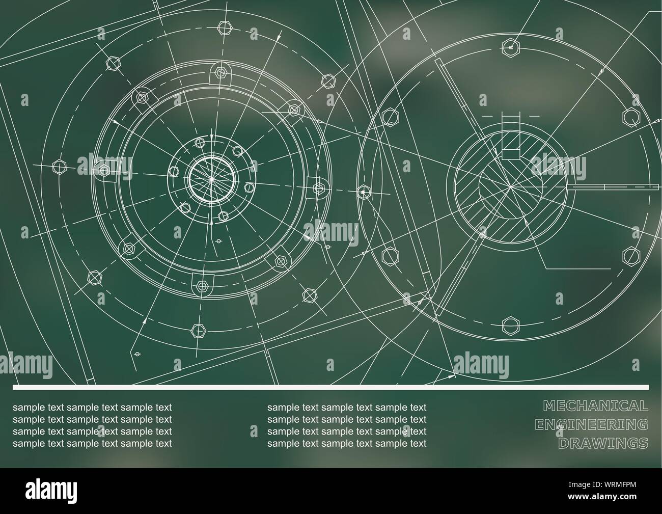 Vettore di ingegneria meccanica disegni su uno sfondo verde. Coperchio, sfondo per iscrizione etichette. Identità aziendale Illustrazione Vettoriale