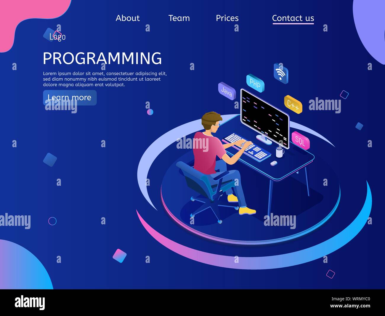 Il programmatore di carattere isometrico. Concetto di programmazione web, ingegnere al lavoro. Illustrazione Vettoriale