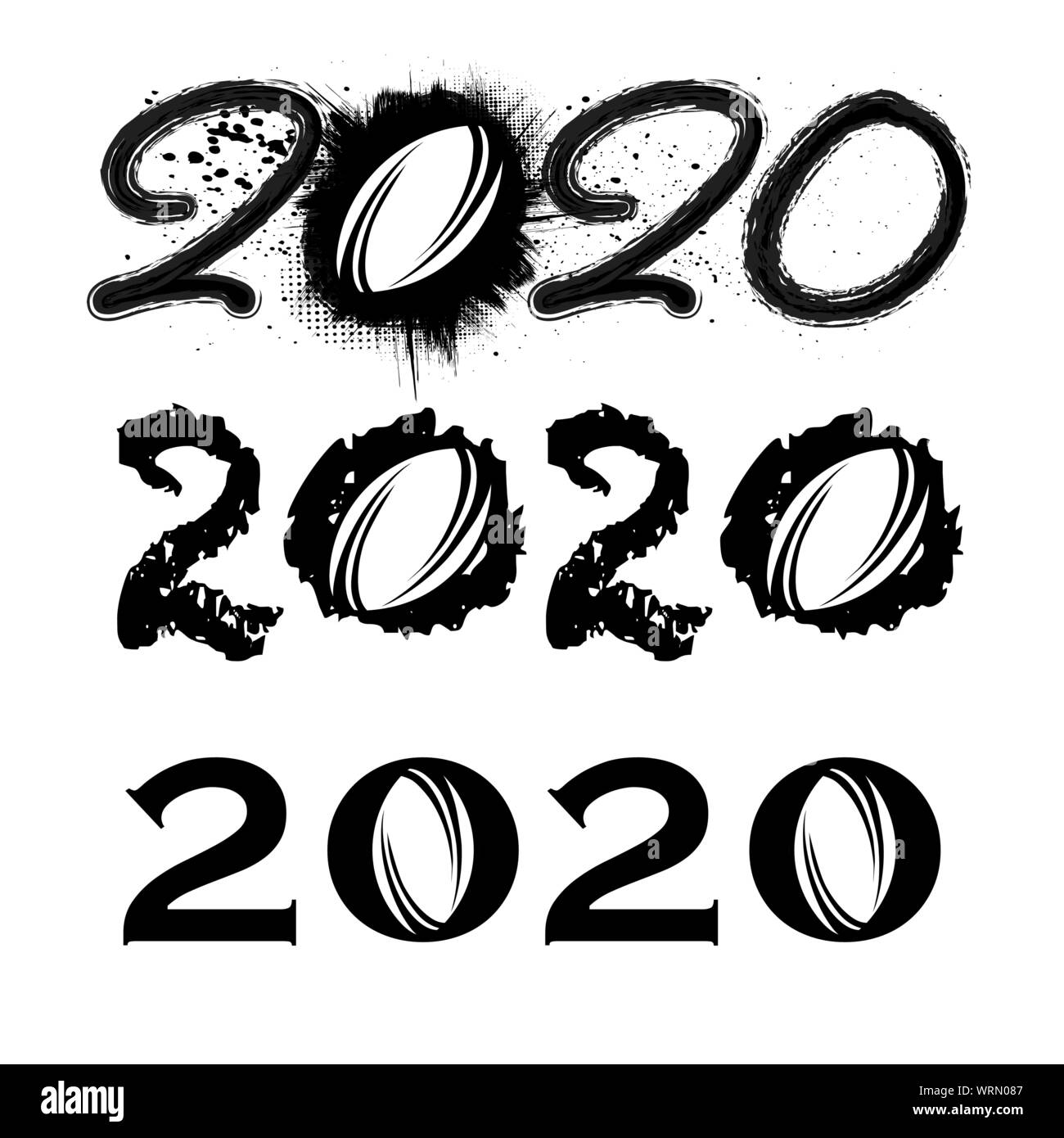 Set di tre neri grunge 2020 numeri con sfere di rugby Illustrazione Vettoriale