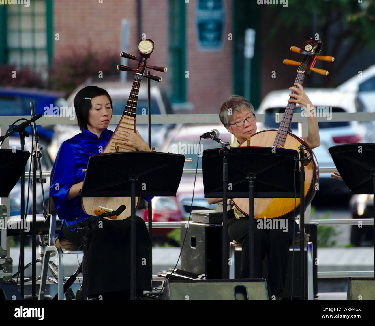 Sun Li, e Ann Yao della Seta Cinese e Ensemble di bambù eseguire presso il National Folk Festival, Salisbury, MD. Foto Stock