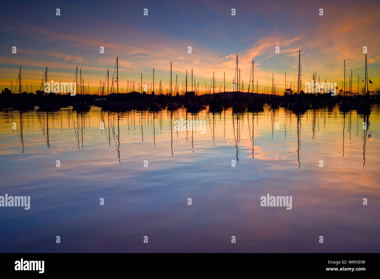 Tranquillo, pacifico di mattina presto crepuscolo viola in San Diego porto e marina, con barche a vela ormeggiata, San Diego, California, Nord America, STATI UNITI D'AMERICA Foto Stock