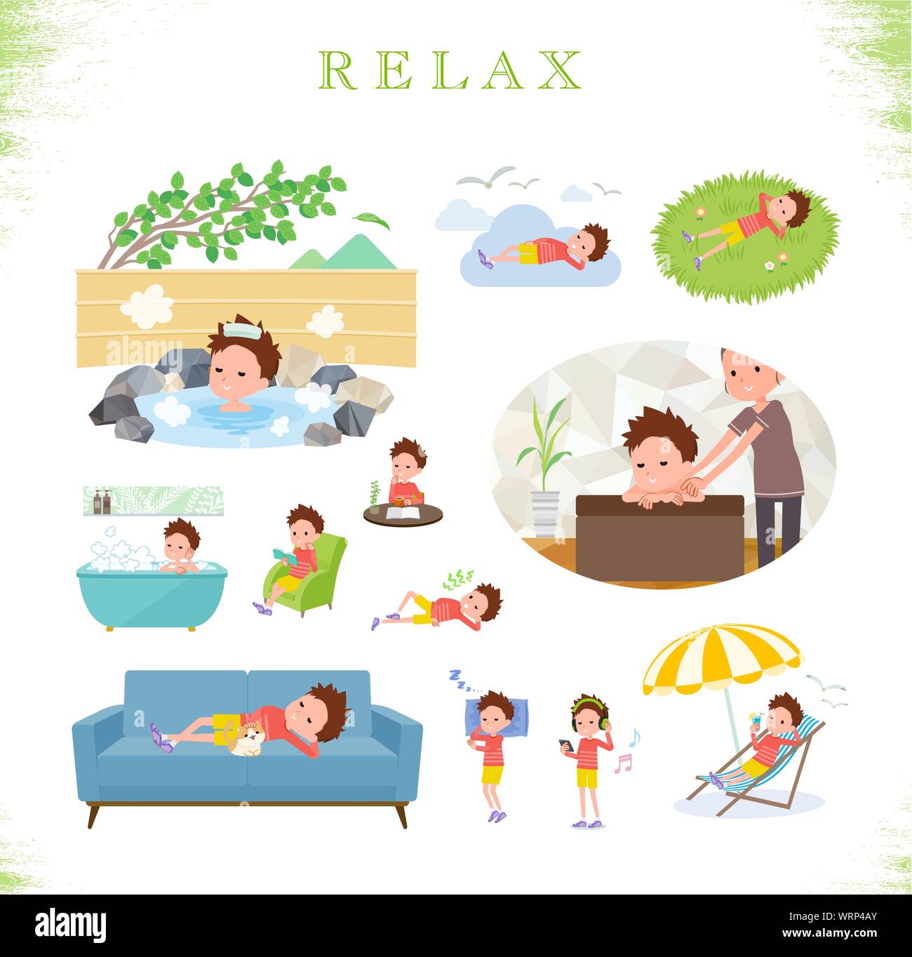 Un set di boy circa rilassante.Ci sono azioni come la vacanza e per alleviare lo stress.it vettore dell'arte così è facile da modificare. Illustrazione Vettoriale