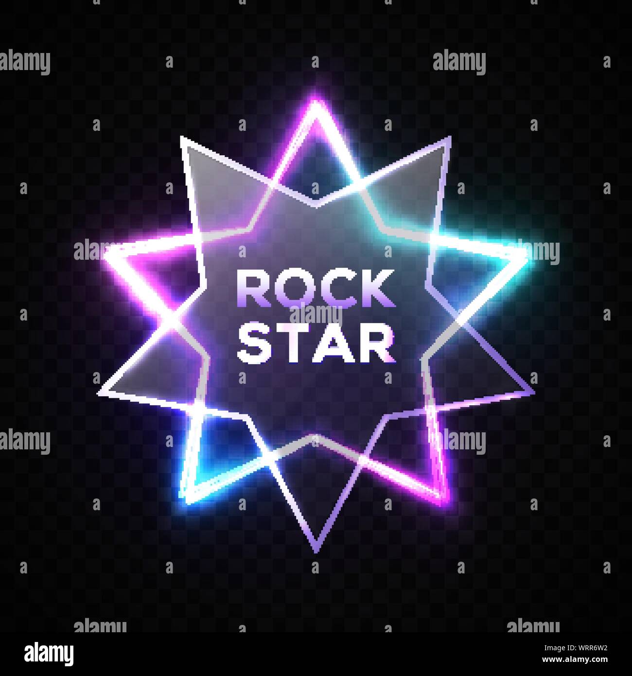 Rock Star insegna al neon. La città di notte segnaletica. La musica rock cartello. Realistico stella brillante forma di confine trasparente con piastra in plastica. Banner, emblema o l Illustrazione Vettoriale