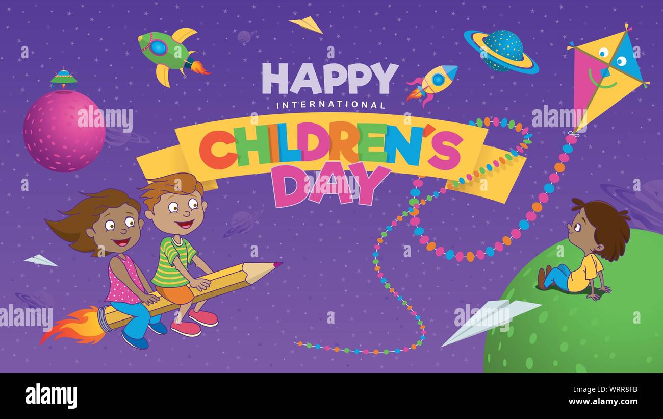 Felice International bambini Giorno del biglietto di auguri. Lettere colorate su un nastro giallo con un ragazzo seduto su un pianeta verde volare un aquilone e bambini Illustrazione Vettoriale