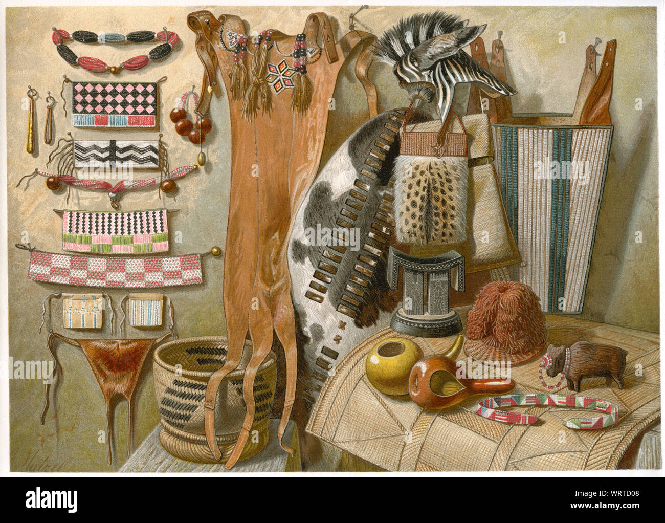 Ornamenti e utensili di nativi sudafricani, illustrazione dal libro "Volkerkunde' dal dottor Friedrich Ratzel, Bibliographisches Institut, Lipsia, 1885 Foto Stock