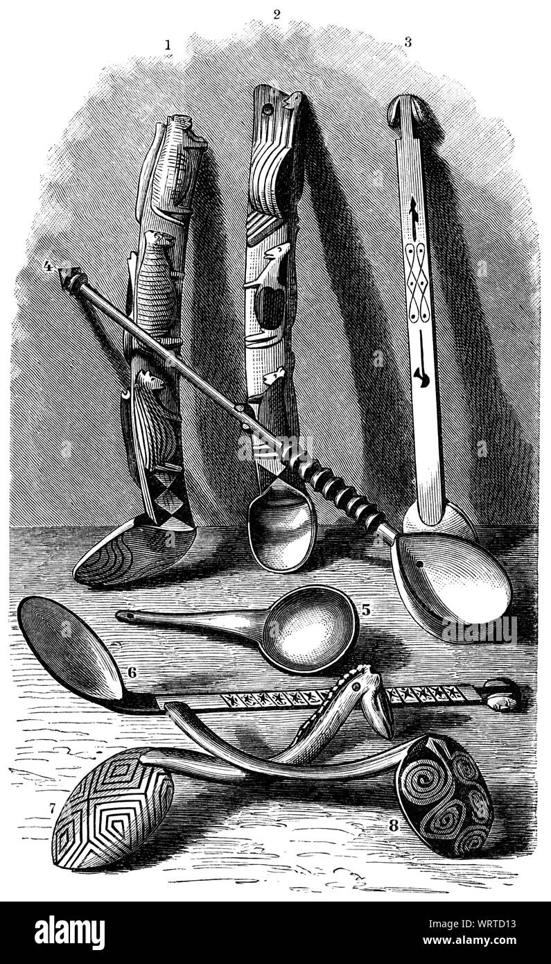 Cucchiai di Zulu (1,2,3,6,7,8) e Mambunda (4,5), Illustrazione dal libro "Volkerkunde' dal dottor Friedrich Ratzel, Bibliographisches Institut, Lipsia, 1885 Foto Stock