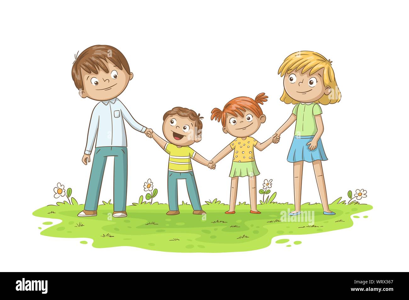 Giovane famiglia felice con due bambini che si divertono. Disegnare a mano illustrazione vettoriale con strati separati. Illustrazione Vettoriale