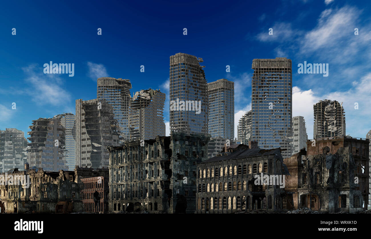 3D illustrazione le rovine di una città apocalittica concetto orizzontale Foto Stock