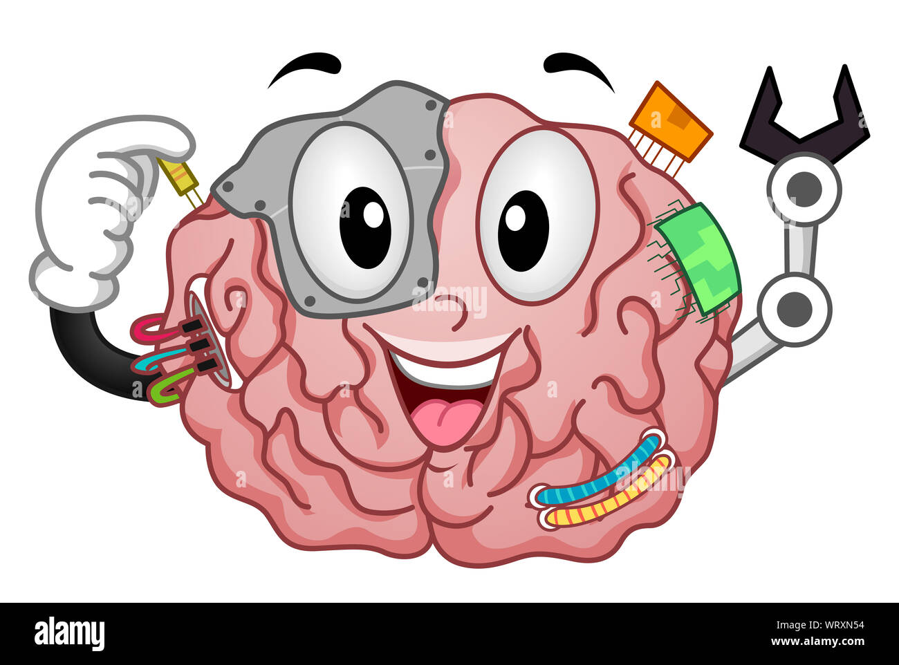 Illustrazione di un cervello mascotte Cyborg con chips, fili di metallo e viti Foto Stock