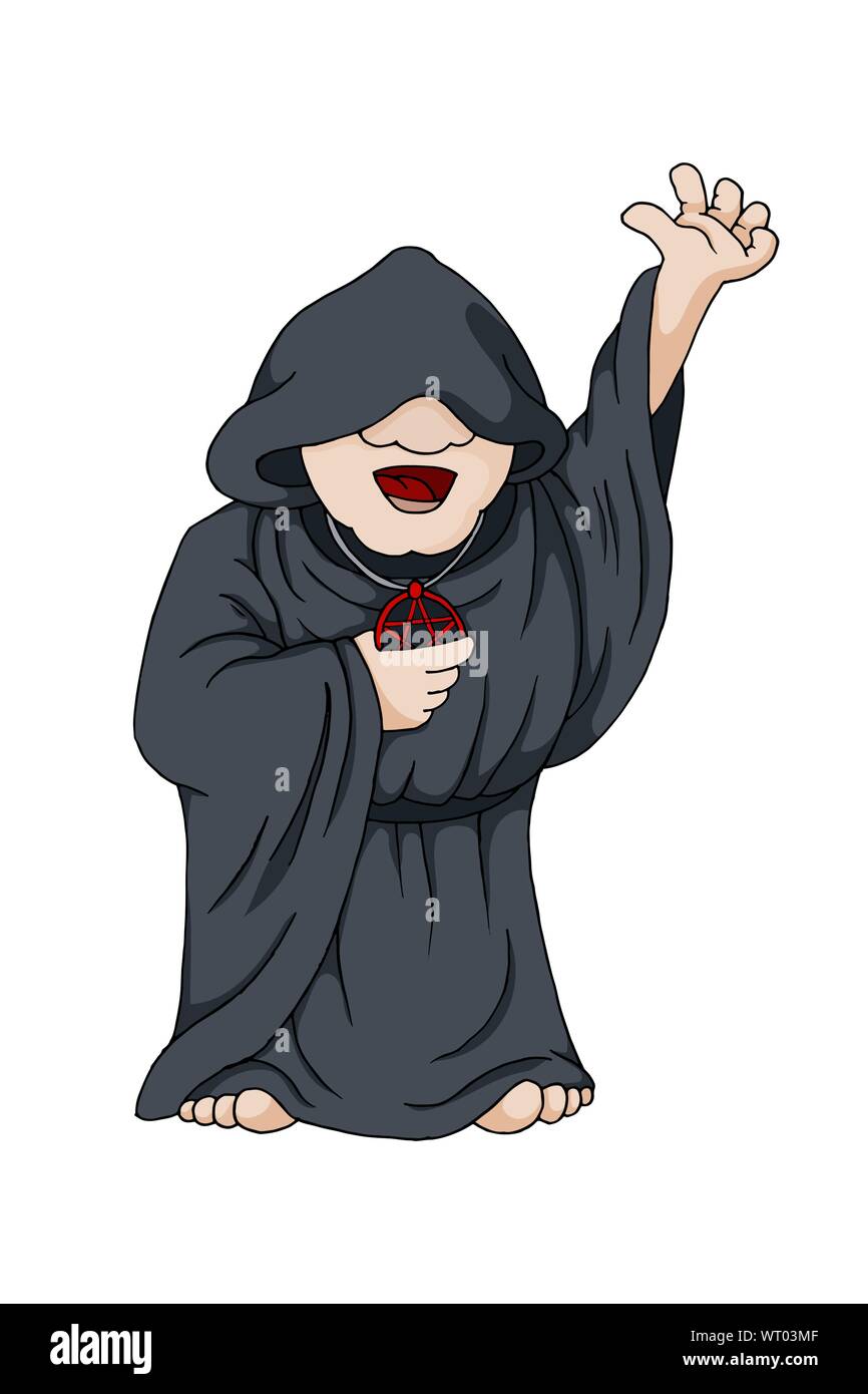 Negromante umano o Warlock in Black Robe Cast incantesimo, personaggio dei cartoni animati Illustrazione Vettoriale