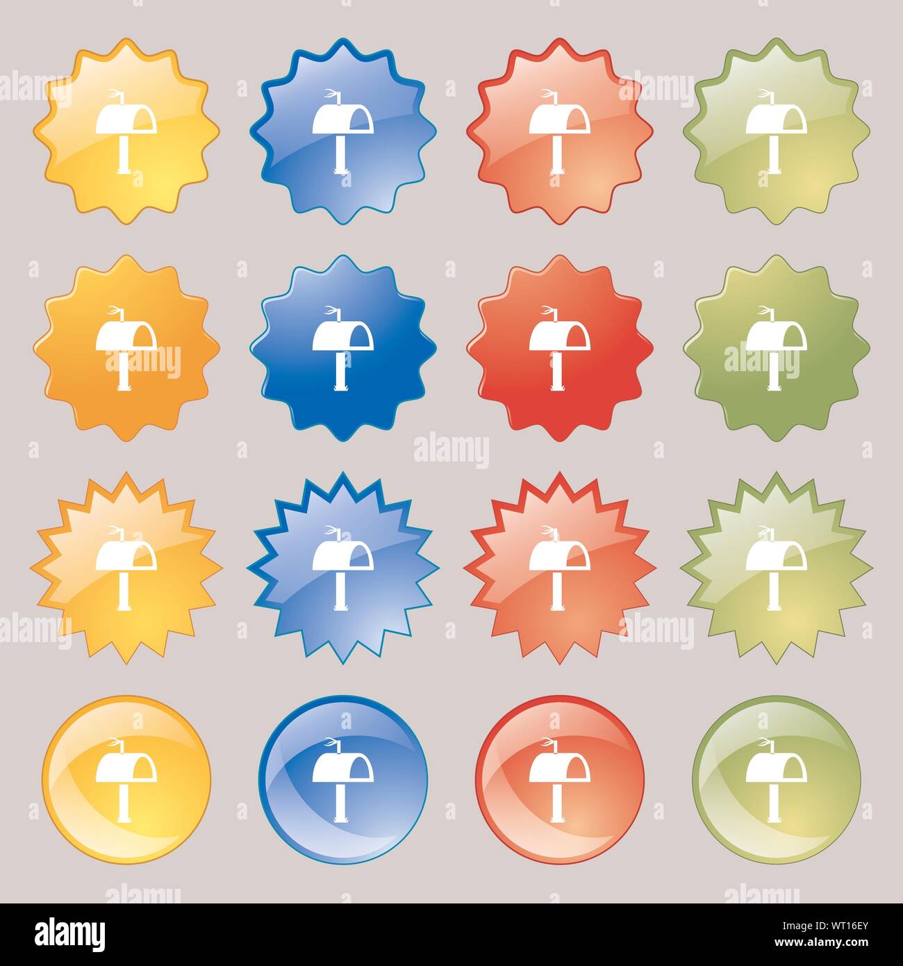 Icona di cassetta postale segno. Grande set di 16 colorato pulsanti moderno per il vostro design. Vettore Illustrazione Vettoriale