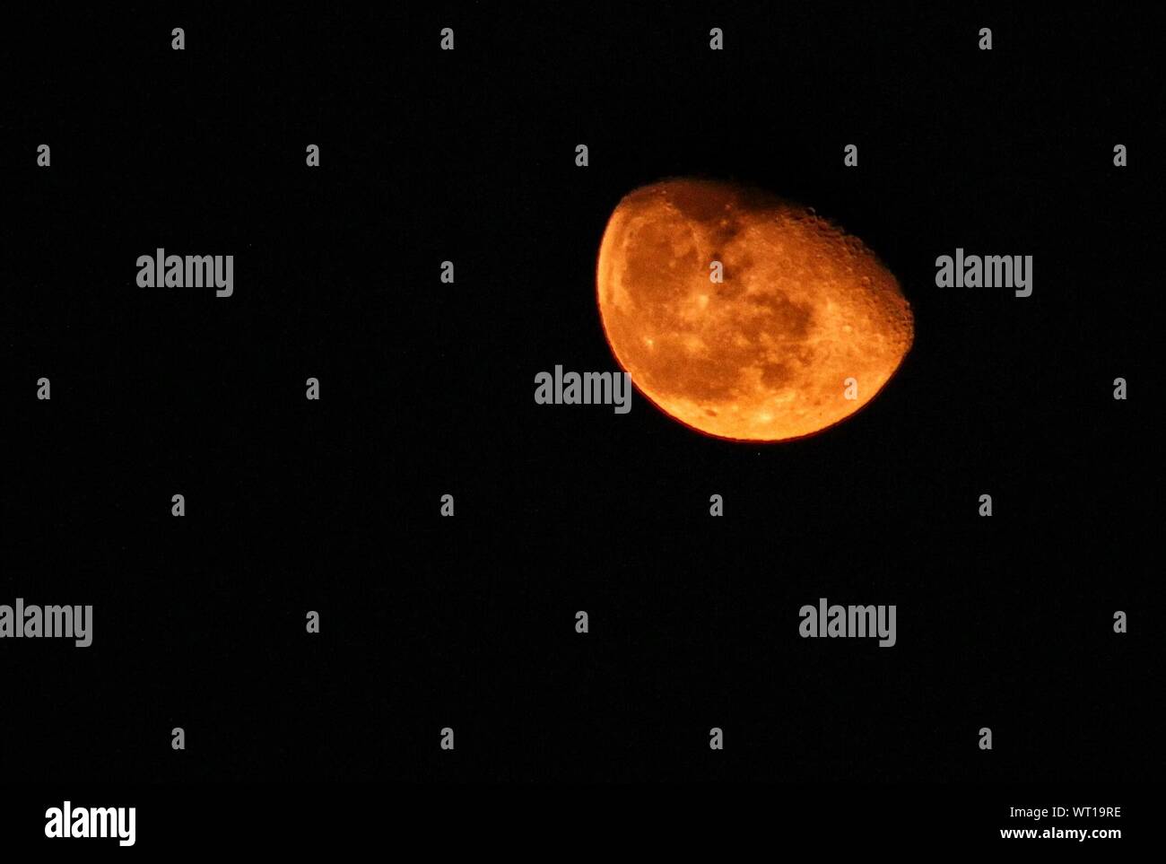 Basso angolo vista di Luna Rossa nel cielo chiaro durante l'ECLISSE LUNARE Foto Stock