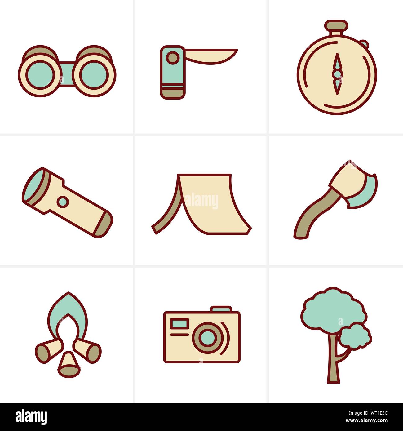 Icone di stile nero vettore camping tema impostato su grigio Illustrazione Vettoriale