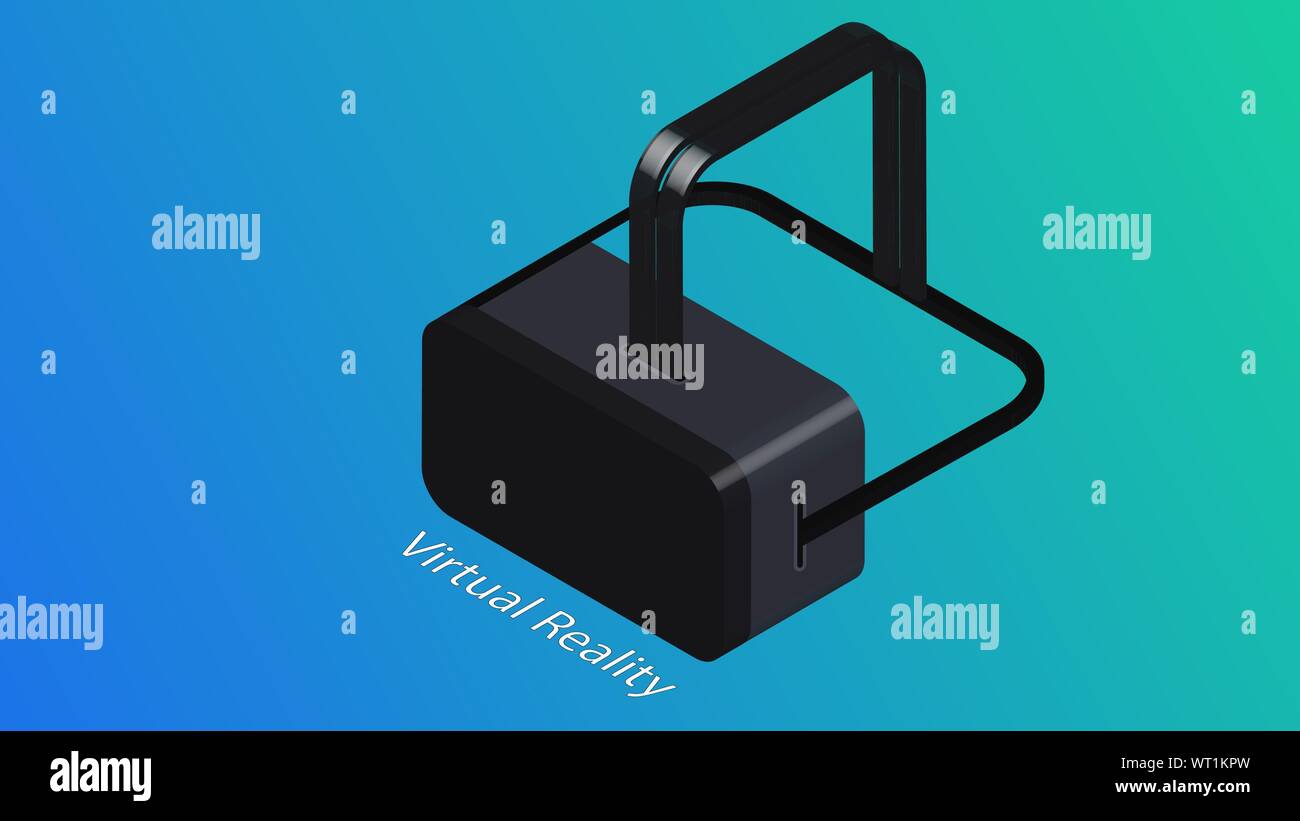 Isometrica, 3D virtuale gli occhiali. La realtà virtuale concetto isolato su blu e verde di gradiente dello sfondo per banner e sito web. Moderno design piatto. Illustrazione Vettoriale