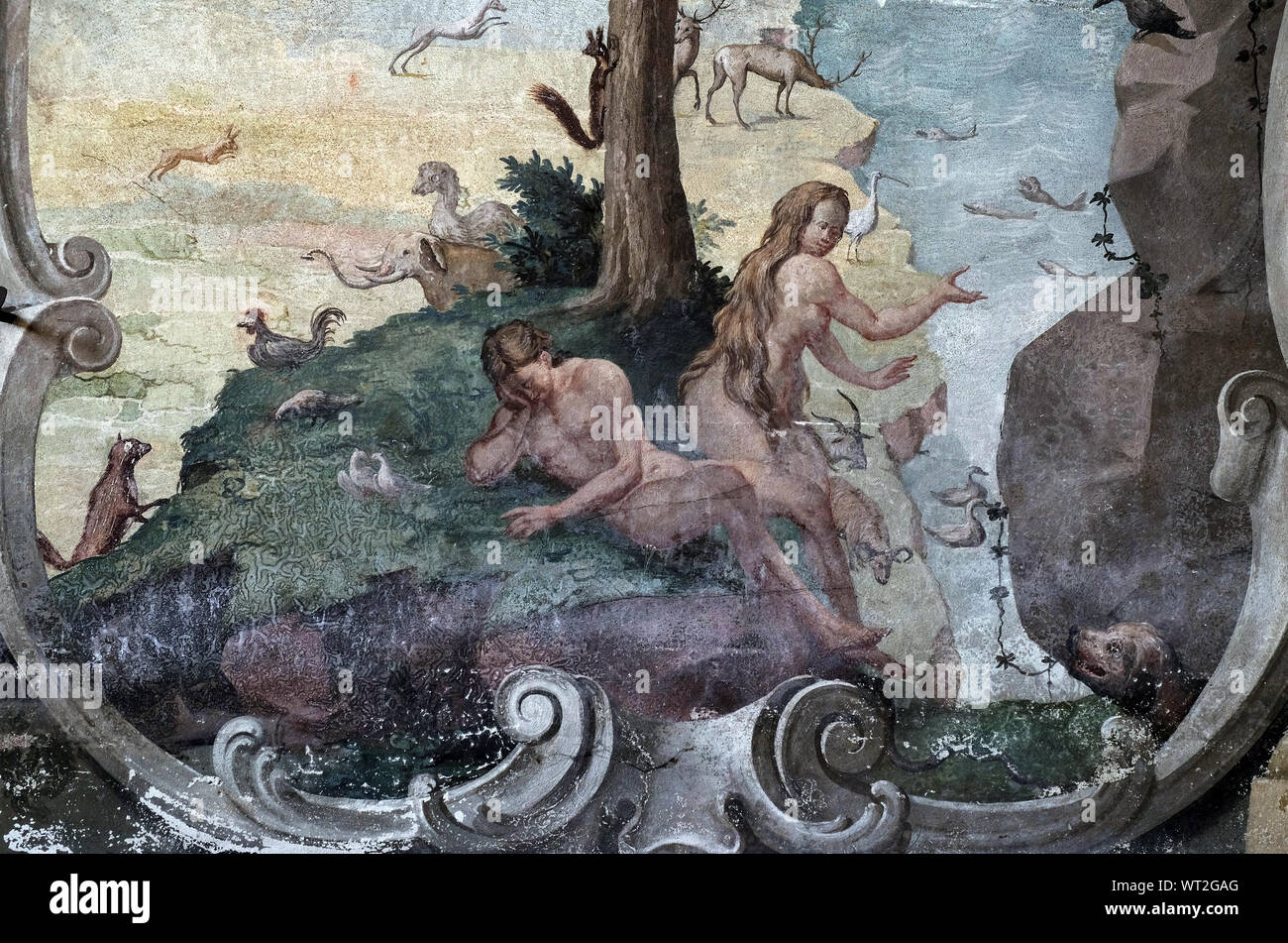 Adamo ed Eva nel giardino di Eden, affresco sul soffitto di San Giovanni Battista a Zagabria in Croazia Foto Stock