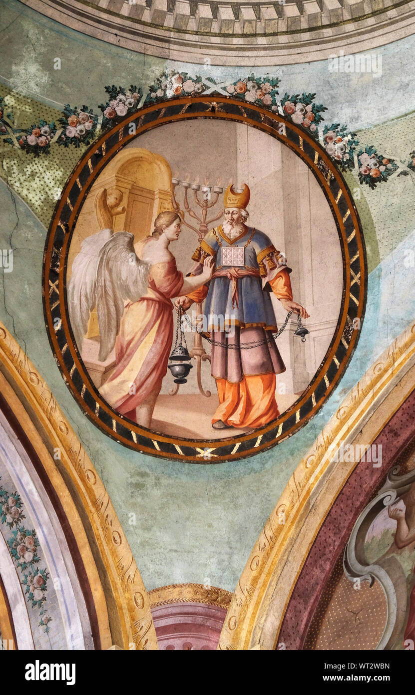 Zaccaria con angelo, affresco sul soffitto di San Giovanni Battista a Zagabria in Croazia Foto Stock