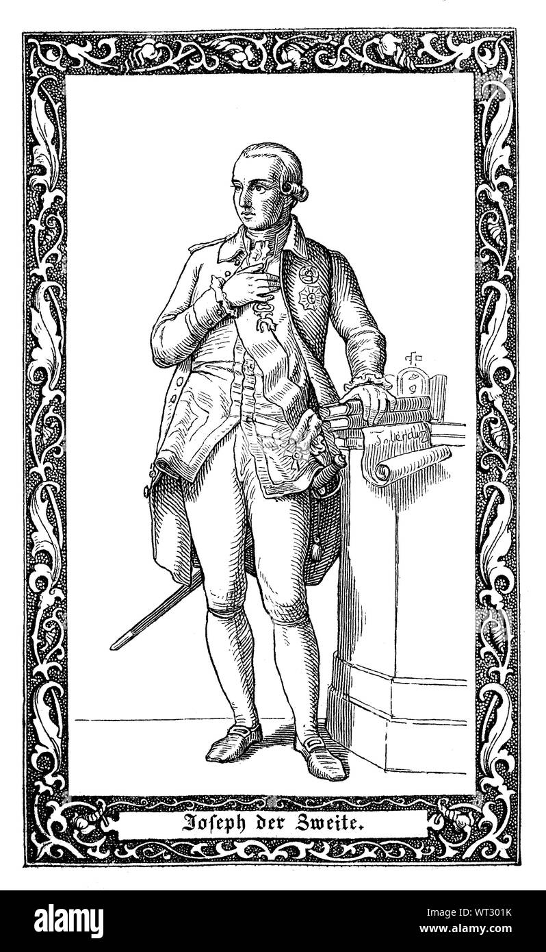 Giuseppe II, Imperatore del Sacro Romano Impero a partire dal mese di agosto 1765 e unico dominatore delle terre di Habsburg da Novembre 1780 fino alla sua morte. Giuseppe II., 1741-1790, von 1765 bis 1790 als erster Angehöriger des Hauses Habsburg-Lothringen Kaiser des Heiligen Römischen Reiches, digitale migliorata la riproduzione di un'illustrazione del XIX secolo Foto Stock