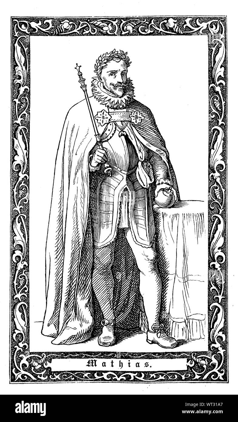 Mattia d Austria, fu Sacro Romano Imperatore dal 1612. Matthias, 1557-1619, Kaiser des Heiligen Römischen Reiches, digitale migliorata la riproduzione di un'illustrazione del XIX secolo Foto Stock