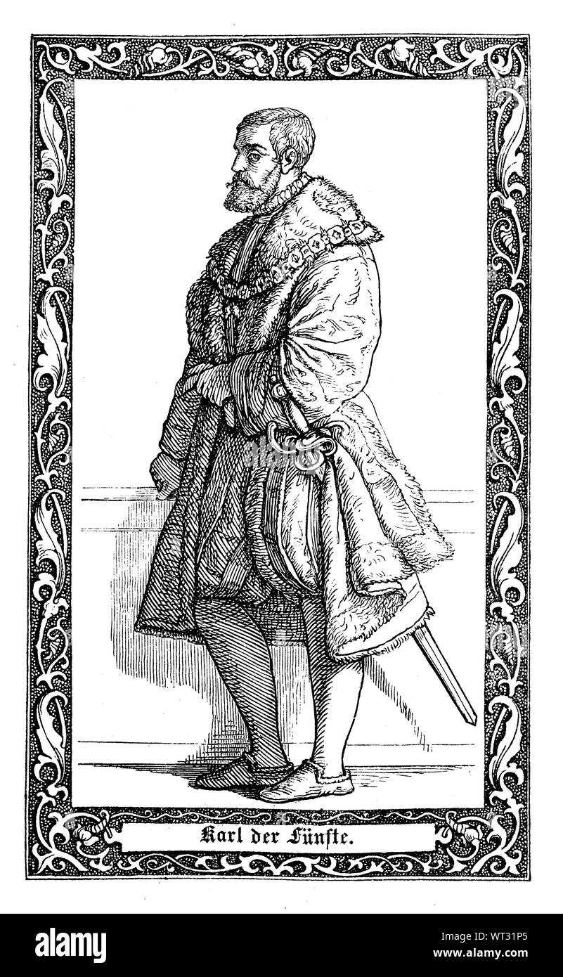 Carlo V., fu Sacro Romano Imperatore dal 1519. Karl V., 1500-1558, Herrscherhaus Habsburg und Kaiser des Heiligen Römischen Reiches, digitale migliorata la riproduzione di un'illustrazione del XIX secolo Foto Stock