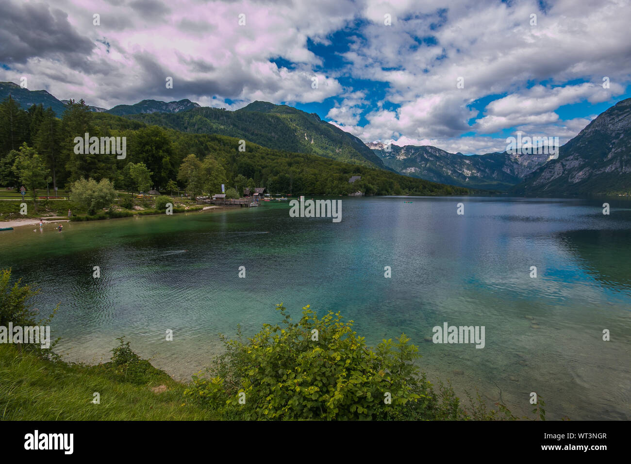 Vista panoramica del lago di Bohinj, il più grande lago permanente in Slovenia. Si trova nel nord-ovest Alta Carniola regione Foto Stock