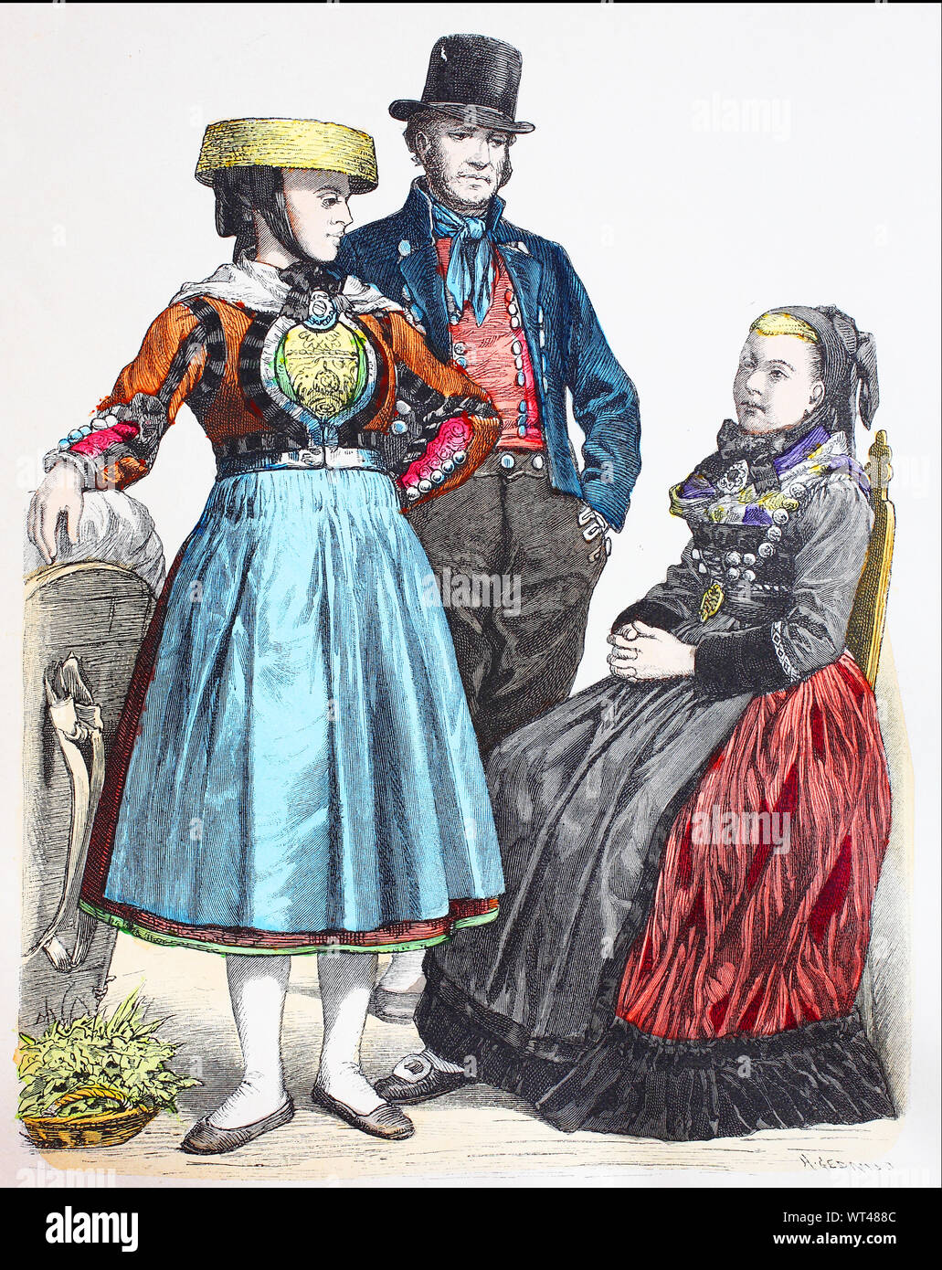 Il costume nazionale, vestiti, la storia del costume, 4 paesi e Vierländerin da Amburgo, agricoltore dalla pista village geest Hannover, Germania settentrionale, nel 1885, Volkstracht, Kleidung, Geschichte der Kostüme, Vierländer und Vierländerin aus Hamburg, Bäuerin aus Rottendorf Geest Hannover, Norddeutschland, 1885 Foto Stock