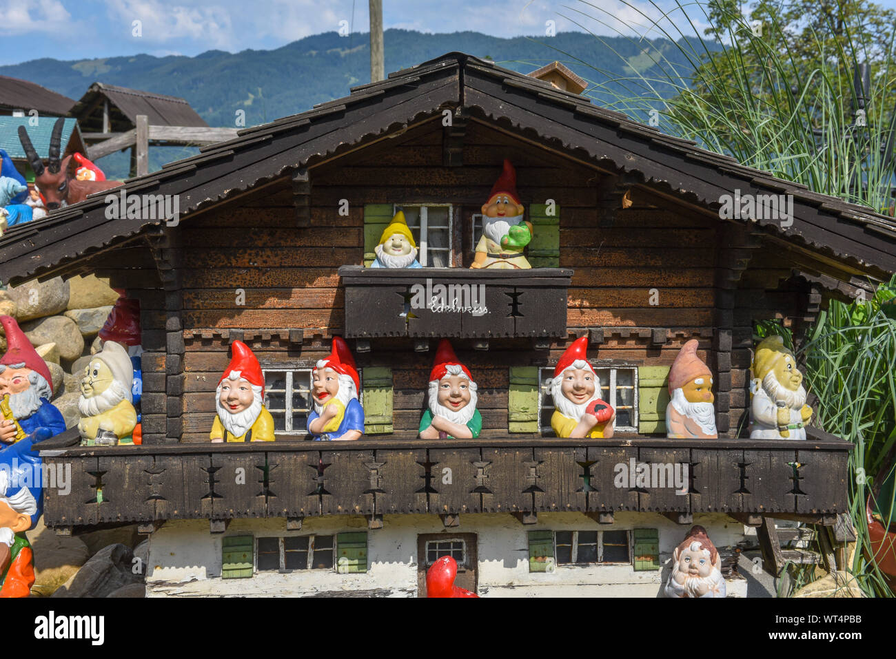 Gnomi da giardino in un giardino di una casa sulle alpi svizzere Foto Stock
