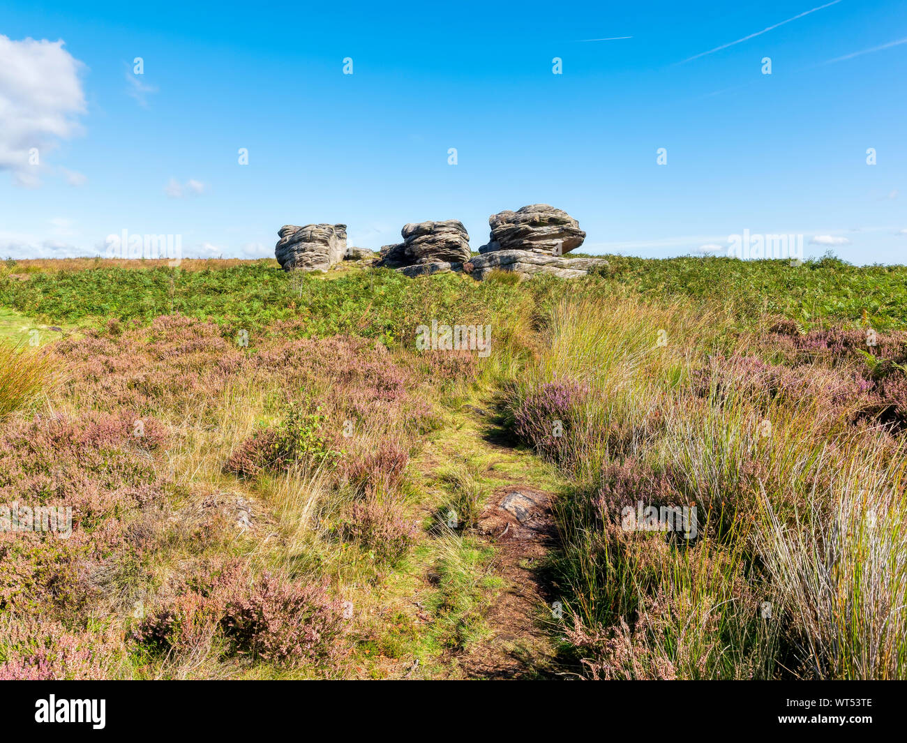 Immagine hdr del weathered gritstone affioramento noto come tre navi sul bordo di Birchen nel Derbyshire. Foto Stock