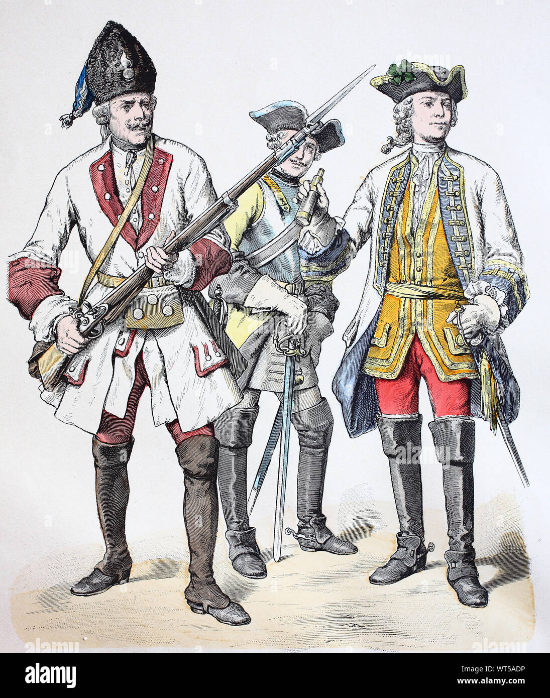 Il costume nazionale, vestiti, la storia del costume, granatiere, Kürassier, generale, Wurttemberger, uniforme militare dalla Germania, nel 1730, Volkstracht, Kleidung, Geschichte der Kostüme, granatiere, Generale, Württemberger, Militäruniform aus Deutschland, 1730 Foto Stock