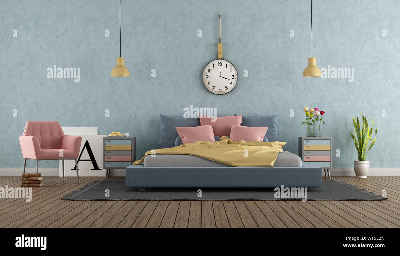 La Camera Da Letto Padronale In Colori Pastello Con Arredi Vintage E Colorato Letto Doppio 3d Rendering Foto Stock Alamy