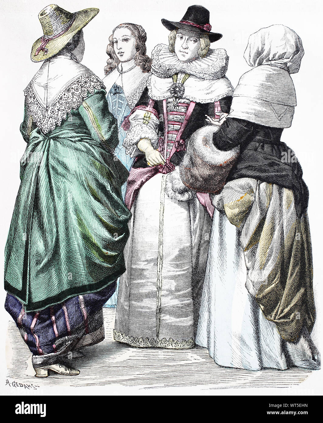 Il costume nazionale, vestiti, la storia dei costumi, civile donna, signore sindaco la moglie e matrona, nel 1640, costumi nazionali da Inghilterra, secolo XVII, Volkstracht, Kleidung, Geschichte der Kostüme, Bürgersfrau, Lord-Mayors-Gattin und Matrone, 1640, Trachten aus Inghilterra, 17. Jahrhundert Foto Stock