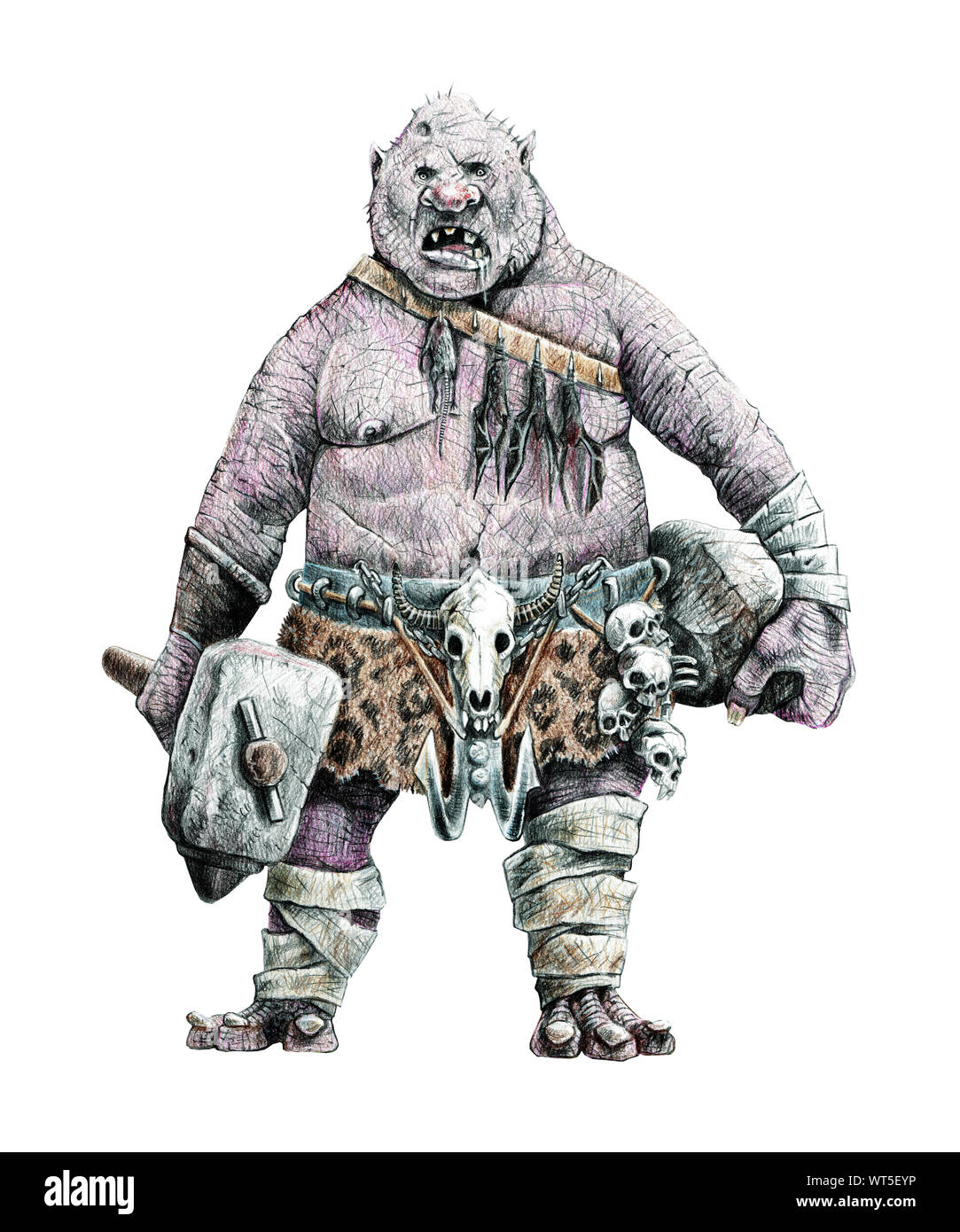 Troll Giganti con un martello. Disegno di fantasia. Cannibal a caccia. Foto Stock