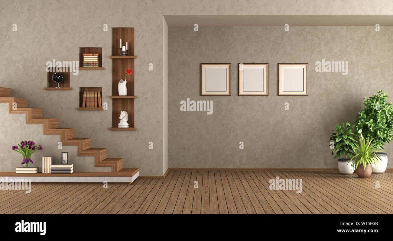 Svuotare soggiorno con scala in legno e di nicchia sul muro - il rendering 3D Foto Stock