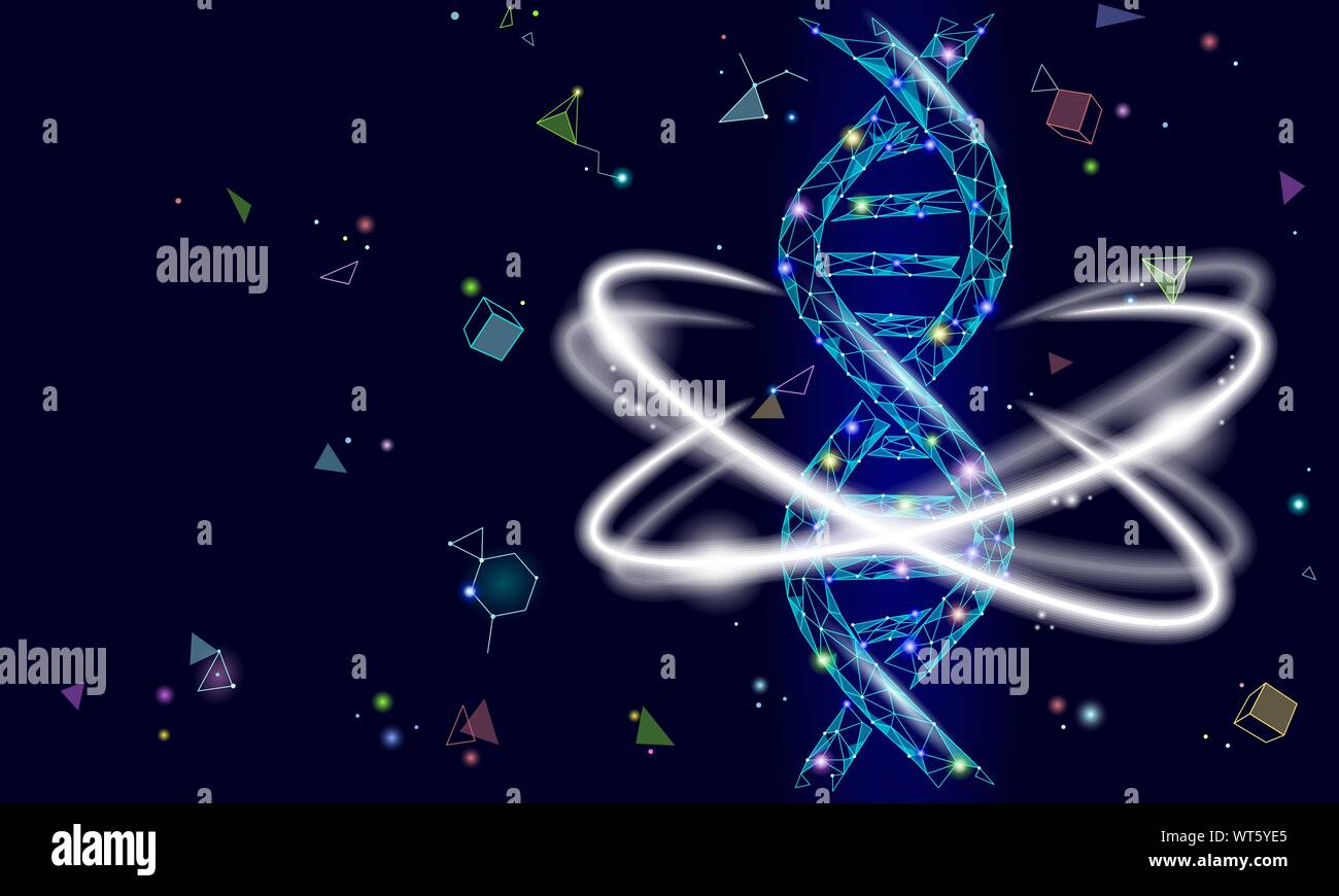 La terapia genica DNA 3D molecola chimica di struttura bassa poli. Triangolo poligonale punto linea cellula sana parte. Innovazione medicina blu ingegneria del genoma Illustrazione Vettoriale