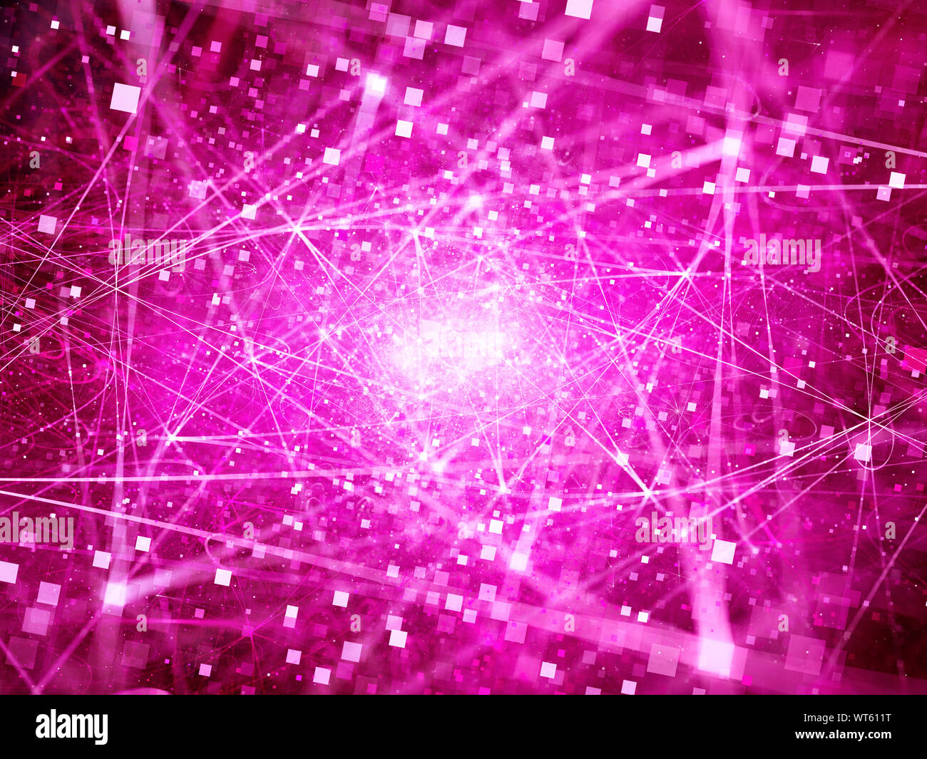 Viola collegamenti incandescente nello spazio con particelle, big i dati generati da computer sfondo astratto Foto Stock