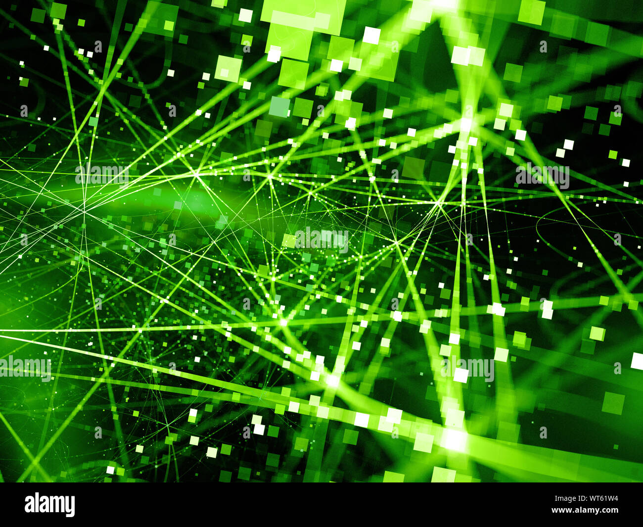 Incandescente verde linee di collegamento con particelle, nuova tecnologia, big i dati generati da computer sfondo astratto Foto Stock