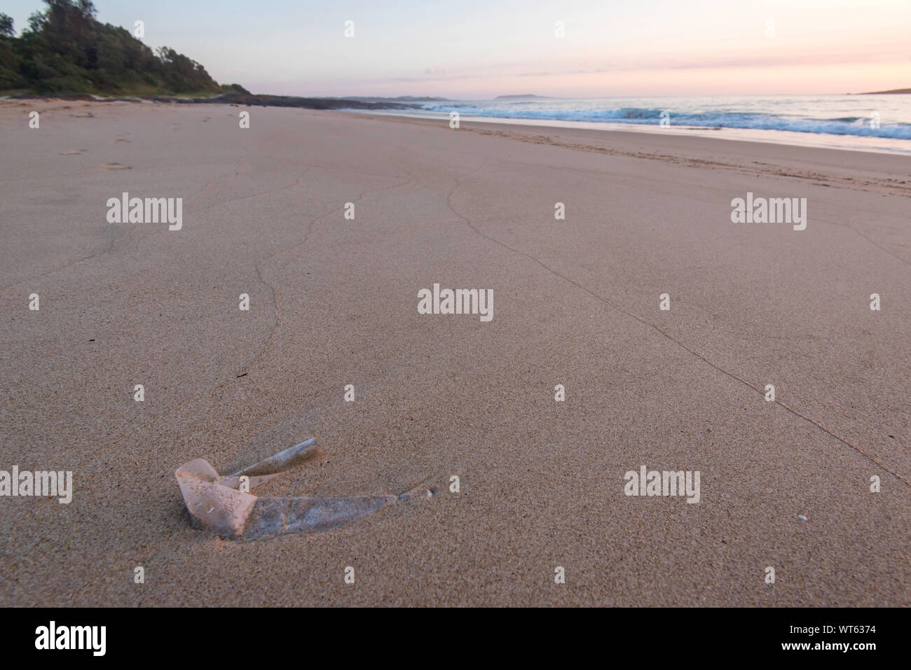 E altri saggi spiaggia incontaminata nel Nuovo Galles del Sud villaggio costiero di Kioloa un pezzo di plastica trasparente è parte sepolte nella sabbia Foto Stock
