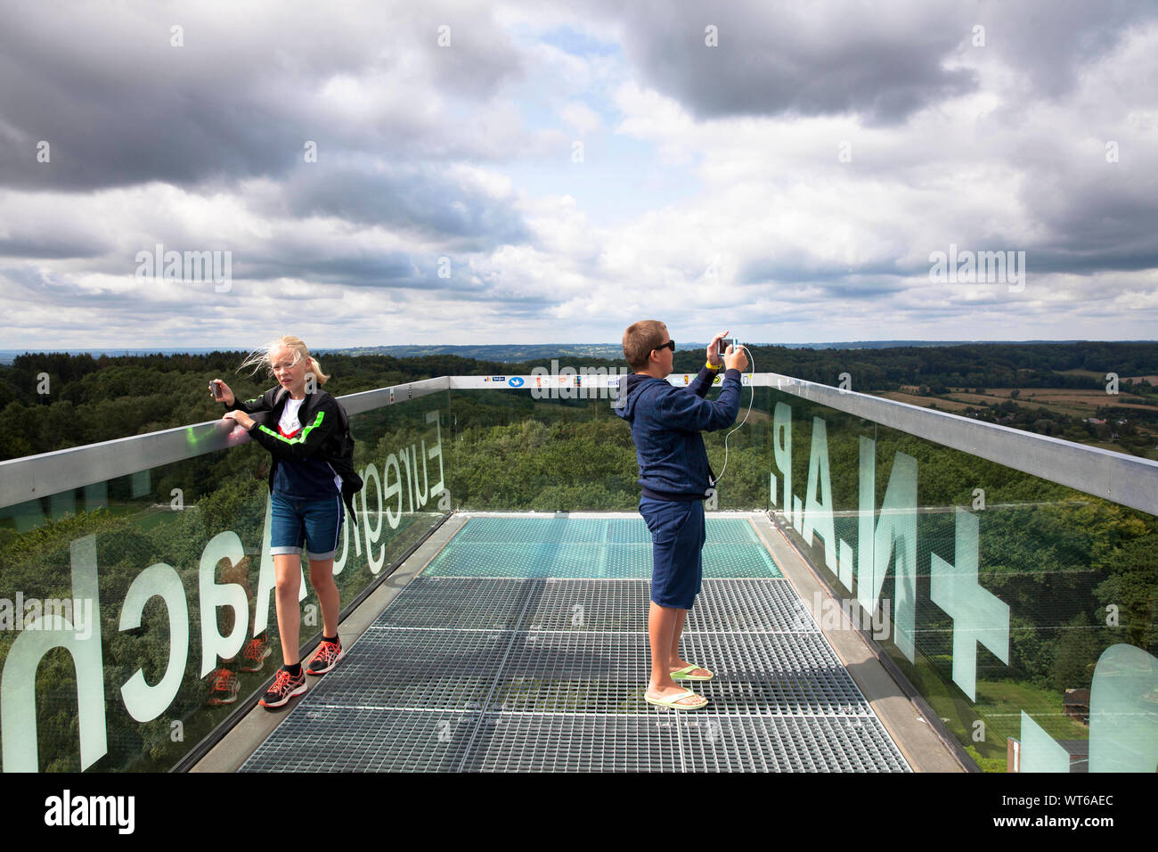 Skywalk dell'Wilhelmina torre presso il punto più alto dei Paesi Bassi a Vaals, tre-paese punto Germania, Paesi Bassi e Belgio. Skywalk des Wilh Foto Stock