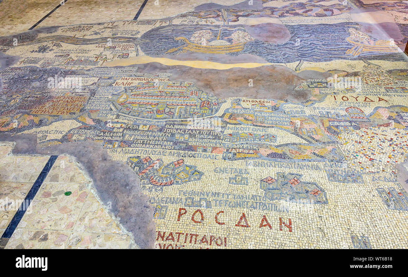 Parte del VI secolo mosaico bizantino, Madaba mappa mostrando antica Gerusalemme al centro a sinistra Foto Stock