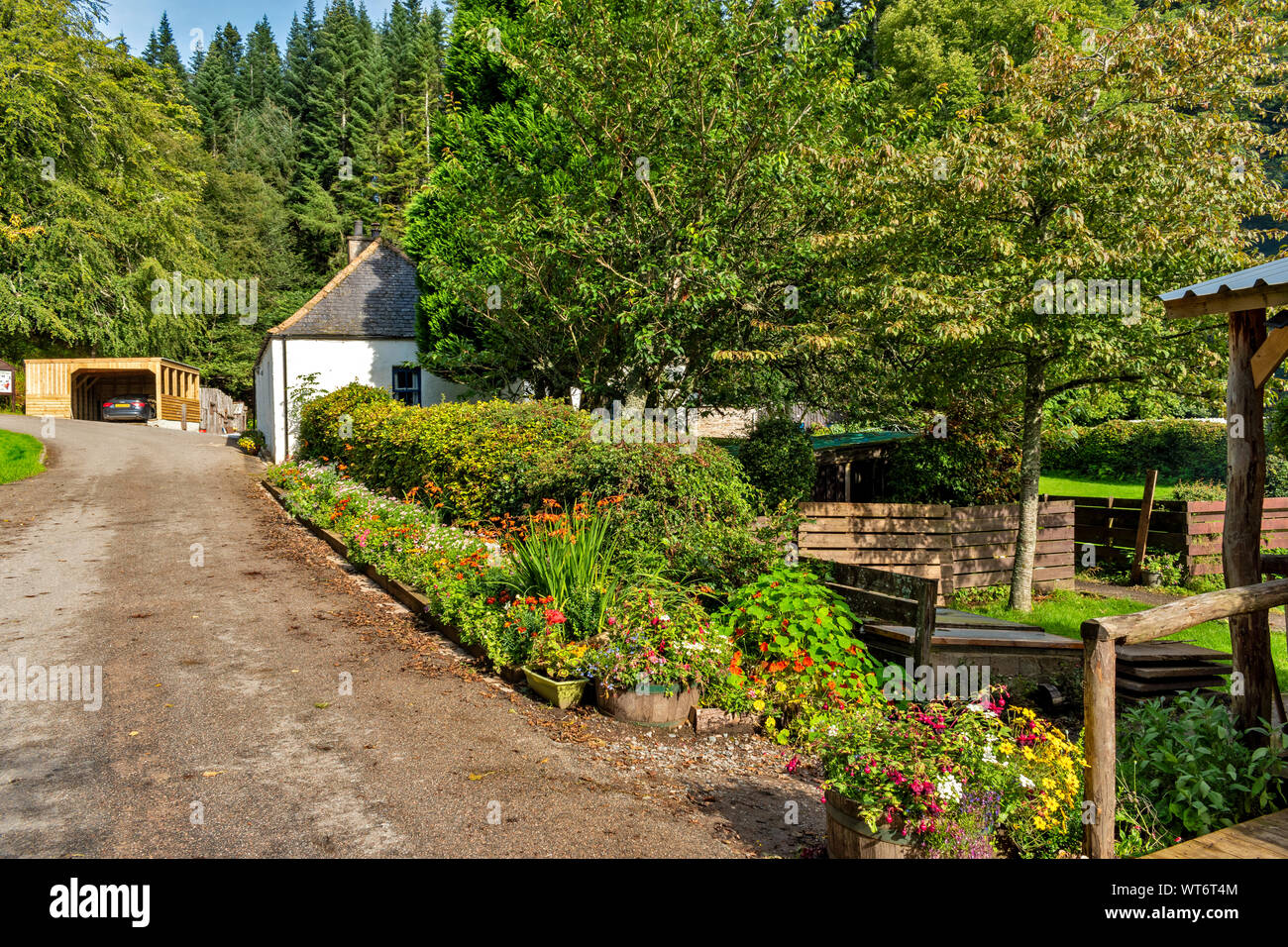 LOCH PARK ADVENTURE CENTRE DRUMMUIR MORAY Scozia edificio con fiori colorati in letti in tarda estate Foto Stock