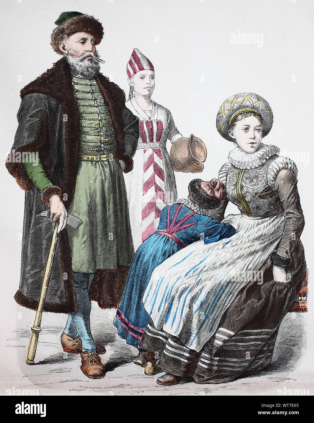 Il costume nazionale, vestiti, la storia dei costumi, illustri norvegesi  con la donna, donna del paese, Norvegia, nel 1600-1630, Volkstracht,  Kleidung, Geschichte der Kostüme, vornehmer Norweger mit Frau Frau vom  Lande, Norwegen,