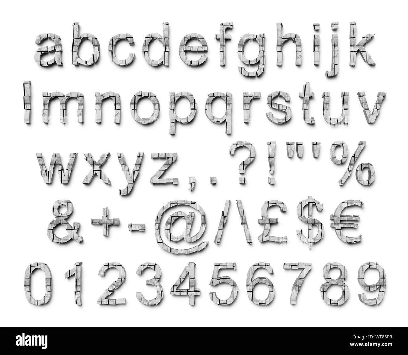 Le lettere, i numeri e i simboli dell'alfabeto in calcestruzzo incrinato, custodia inferiore Foto Stock