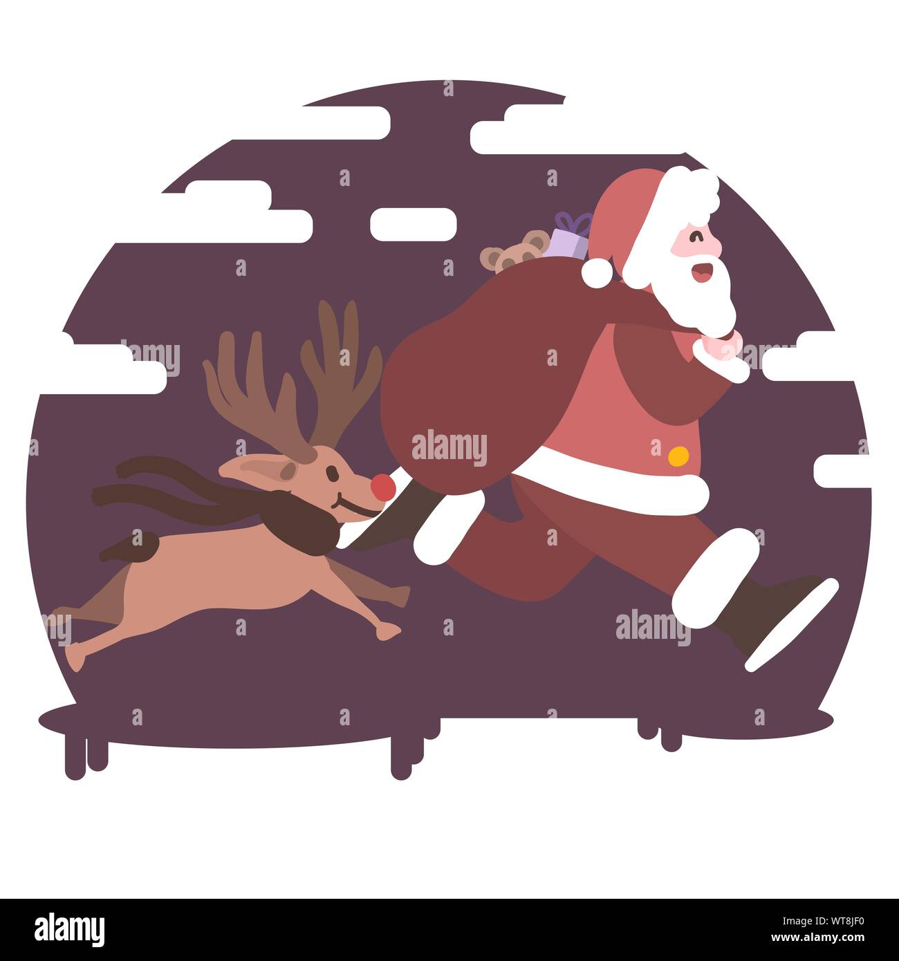 Babbo Natale e Rudolph il naso rosso raindeer in esecuzione Illustrazione Vettoriale